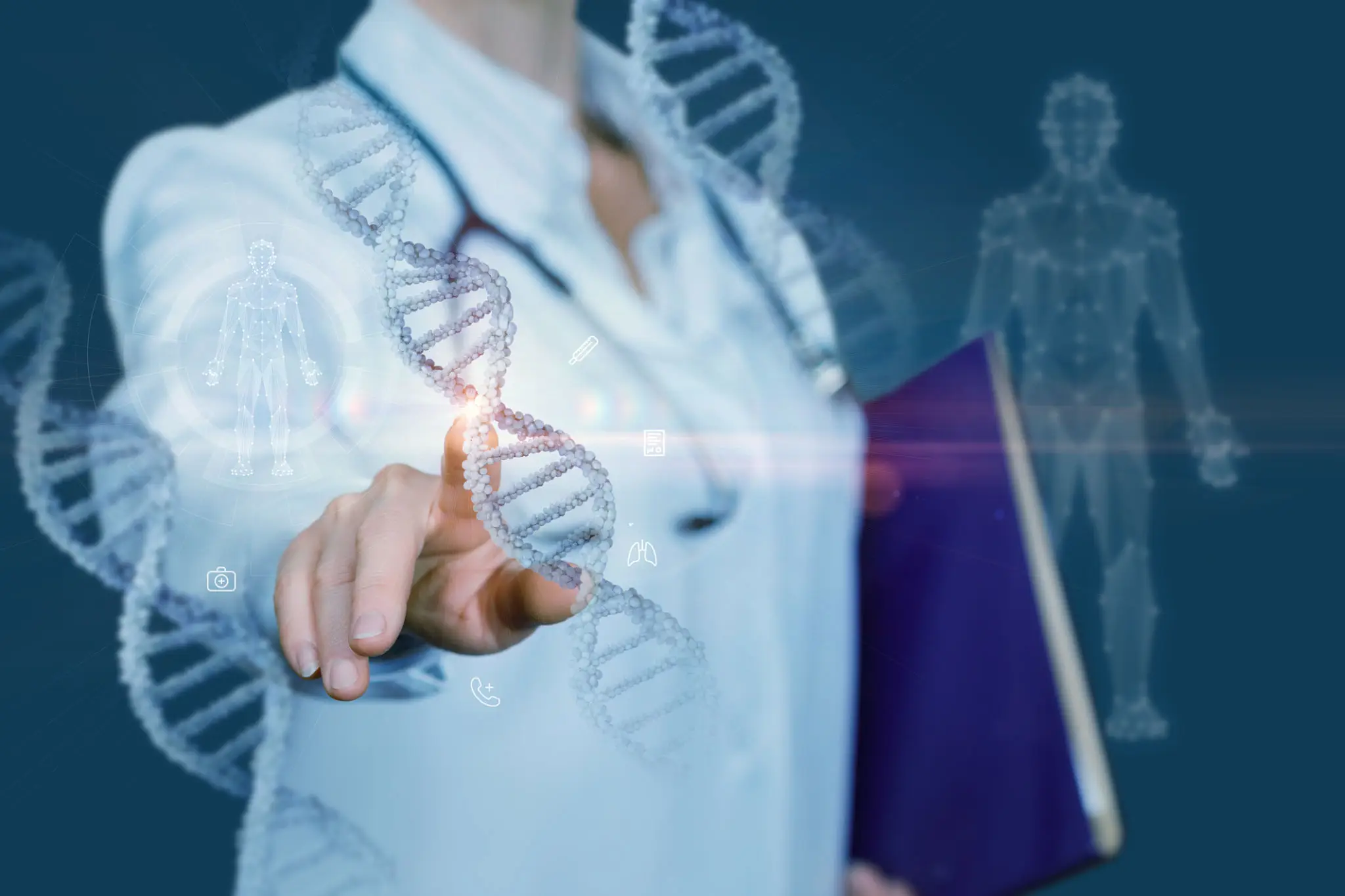 Doctor pointing at holographic DNA strand