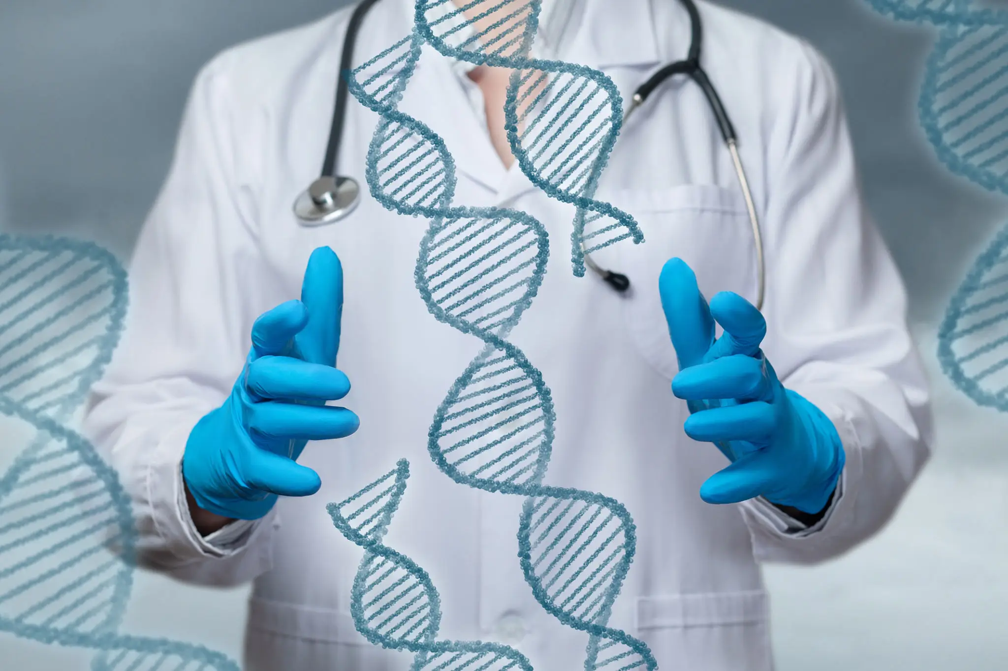 Doctor in gloves presenting holographic DNA helix