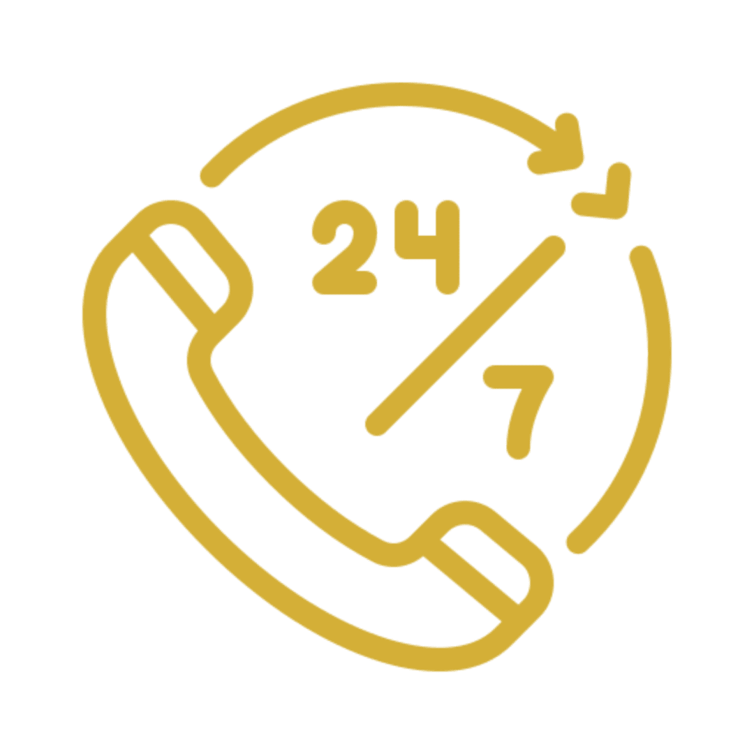 Gold 24-hour phone support icon on black