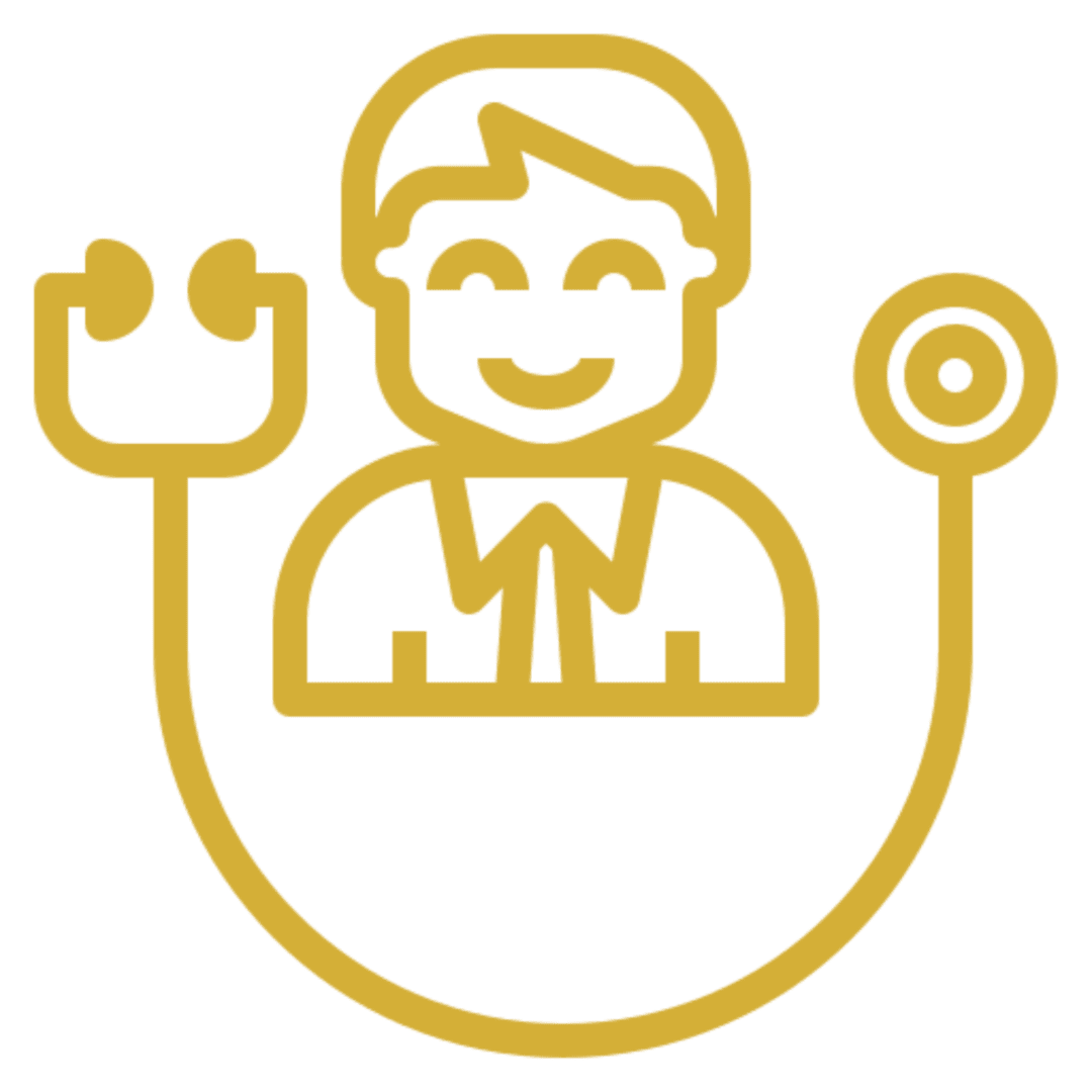 Smiling gold doctor icon with stethoscope