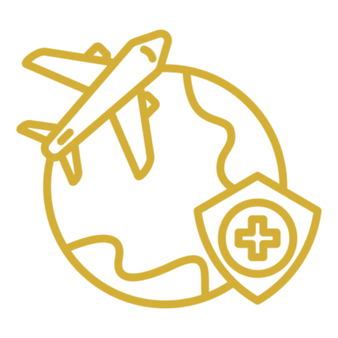 Gold airplane over globe with medical shield
