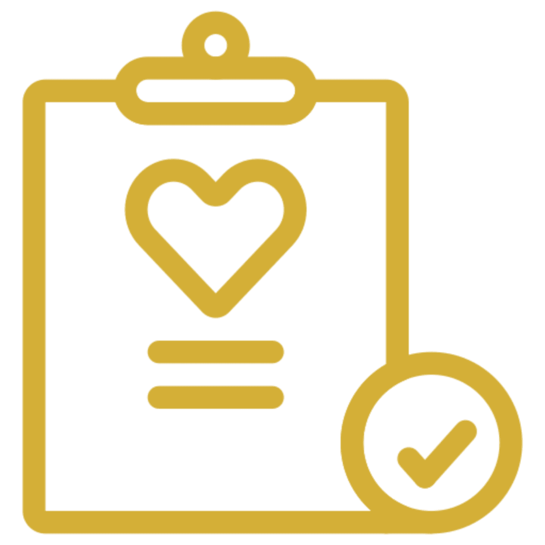 Gold clipboard icon with heart and checkmark