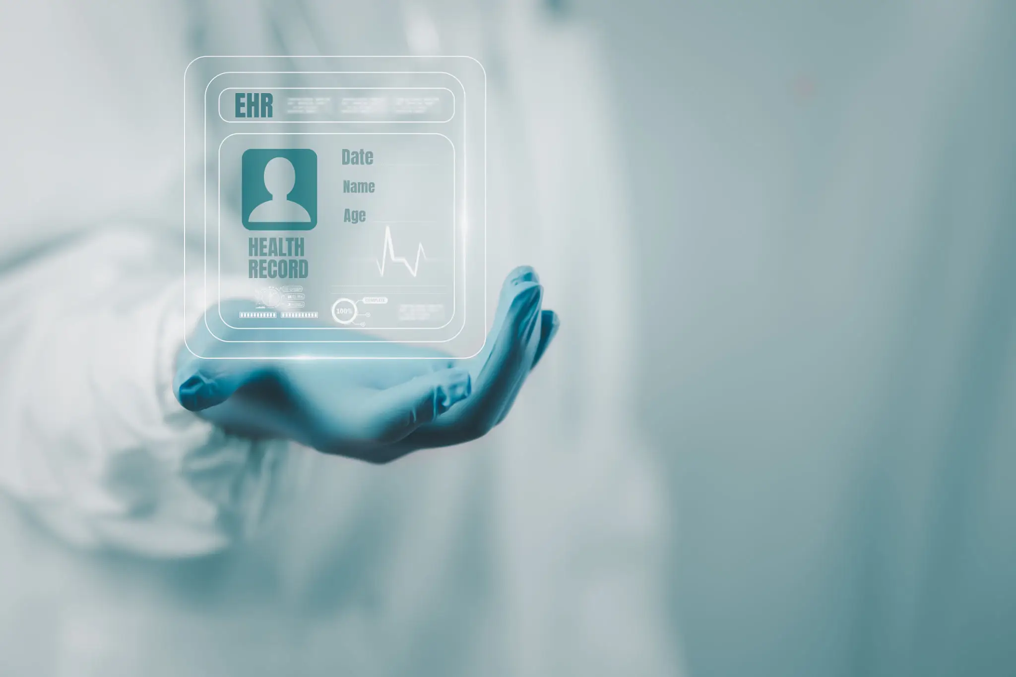 Gloved hand holding holographic EHR interface
